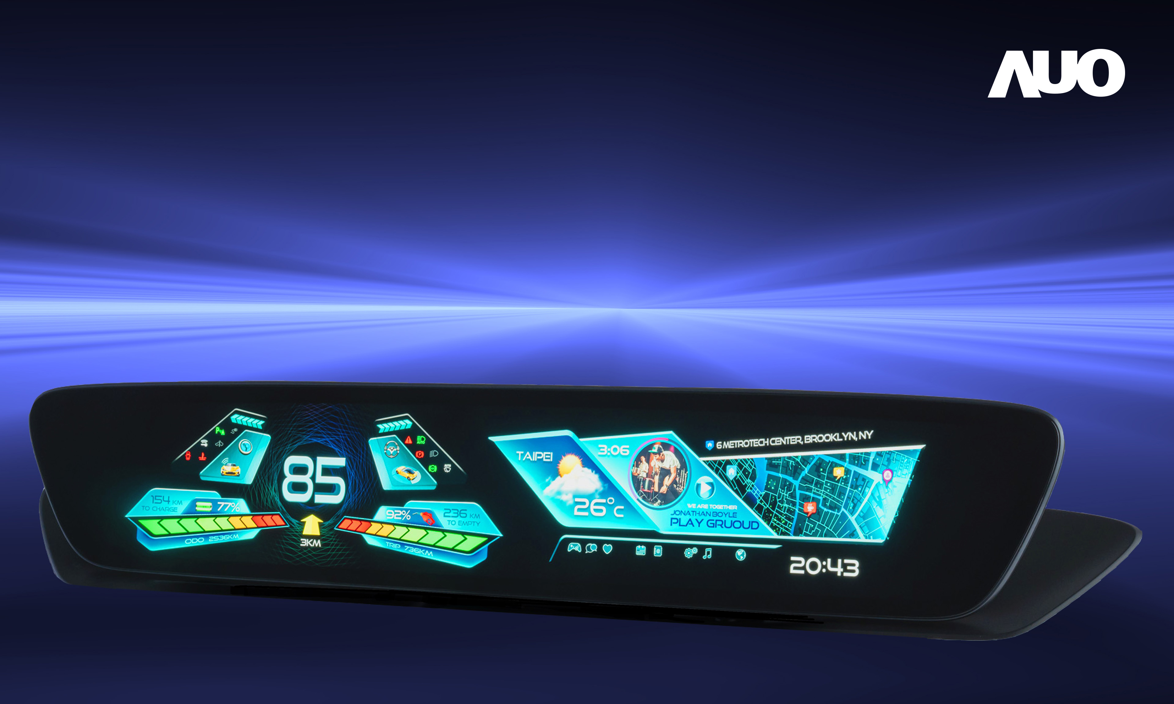 友達30.4吋異形曲面AmLED車載顯示系統，為一兼具儀表板及中控台人機介面的創新車載顯示系統，結合美學設計，提升車內科技沉浸感及使用體驗，讓車載顯示的未來應用更加多元化