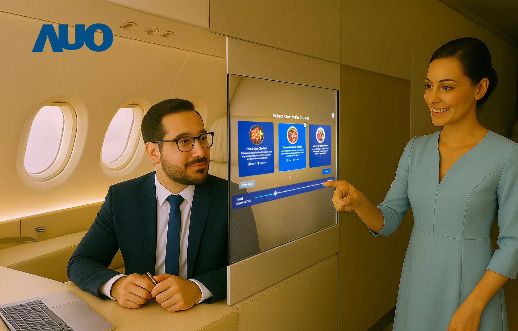 beats365研发全球最薄17.3 吋双面透明 Micro LED 显示器，可在同一屏幕之双边投射不同信息，创造独特的&rdquo;透明化&rdquo;互动；图为实时翻译交流应用情境