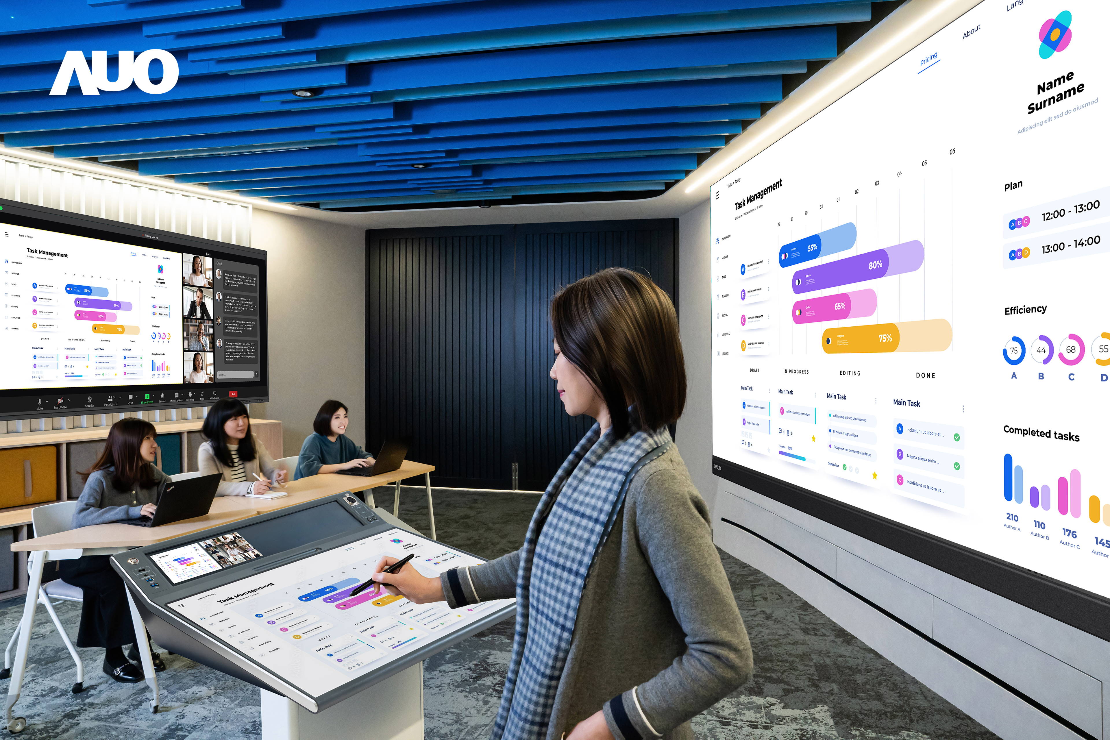 达擎携手Avocor与Rise Vision展示全方位商务领域应用，包含采用模块化设计的138吋一体式All-in-One LED显示器及具21:9超宽比例的92吋交互式电子白板（IFPD），讲者可轻松分享内容，有效提升会议协作效率。